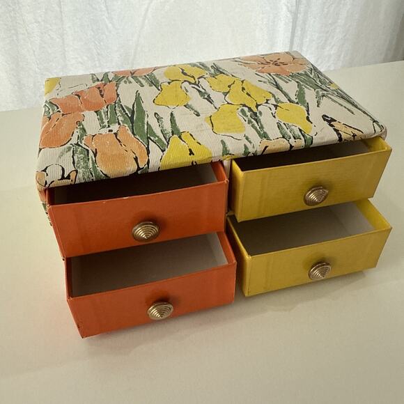 Vintage 1960s Jewelry Box 4-Drawer Orange Yellow Floral MCM Tulip Design 8x5 in - Picture 3 of 12
